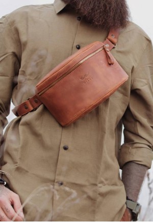 Шкіряна поясна сумка світло-коричнева вінтаж