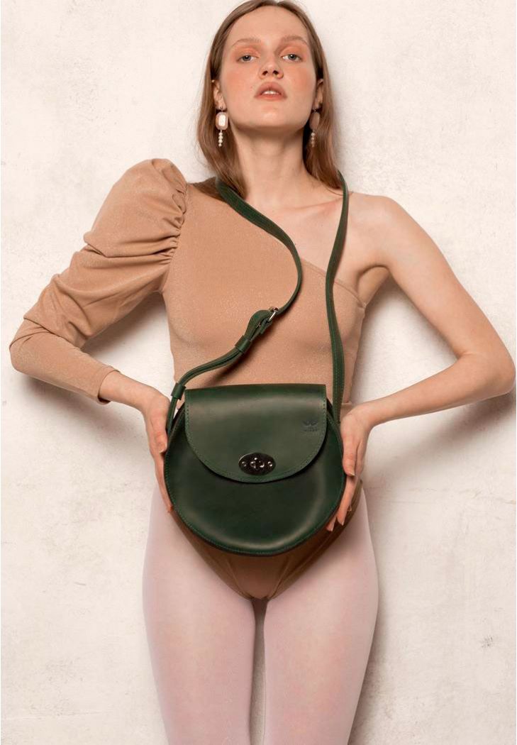 Жіноча шкіряна кругла сумка зелена вінтажна
